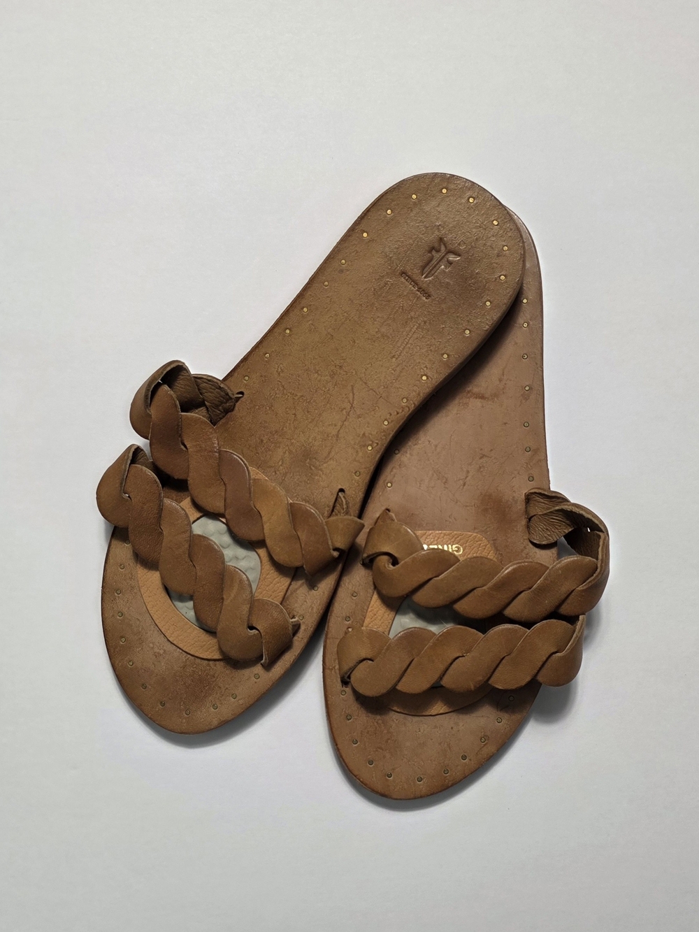 Frye Braided Leather Slide Sandals in Cognac